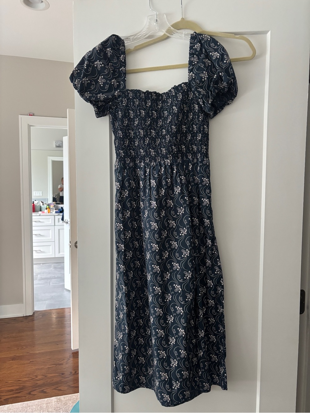 J. Crew Navy Floral Smocked Midi Dress with Puff Sleeves